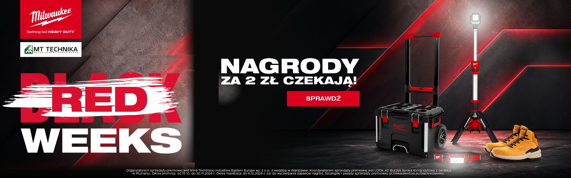 Black Red Weeks MILWAUKEE – nagrody za 2 zł: latarka-czołówka, obuwie FLEXTRED, skrzynia PACKOUT, lampa M12