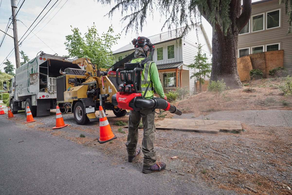 Pracownik sprząta jezdnię po wycince drzew plecakową dmuchawą Milwaukee M18 FUEL F2BPB