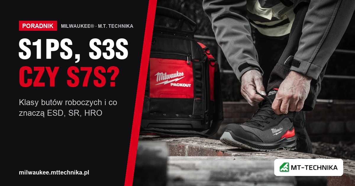 Okładka poradnika: buty robocze S1PS, S3S czy S7S; pracownik zawiązuje but roboczy Milwaukee obok torby PACKOUT