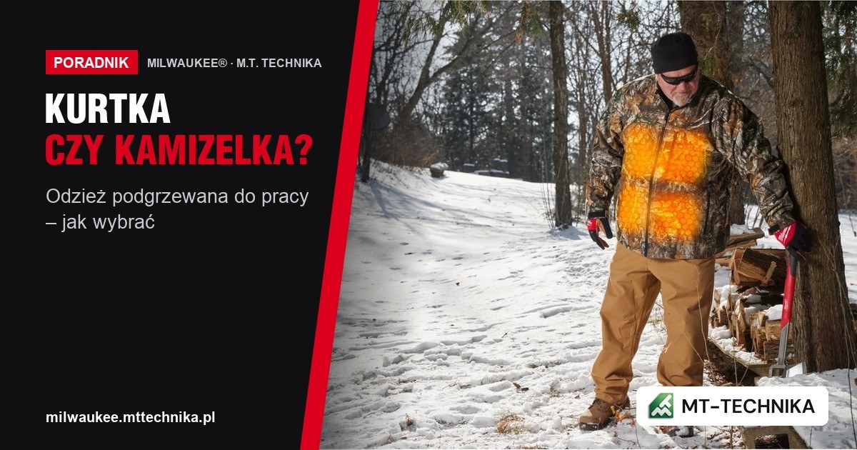 Okładka poradnika: kurtka podgrzewana czy kamizelka – mężczyzna w podgrzewanej kurtce Milwaukee w kamuflażu w zimowym lesie, widoczne strefy grzania