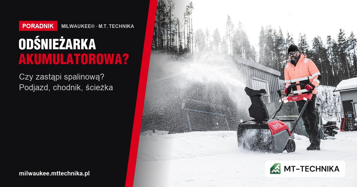 Okładka poradnika: odśnieżarka akumulatorowa czy spalinowa; mężczyzna w kurtce odblaskowej odśnieża podjazd odśnieżarką Milwaukee M18 FUEL F2SSBL
