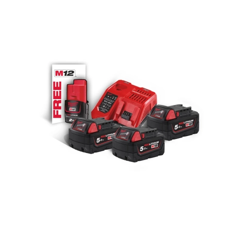 M18 NRG-503 zestaw 3 akumulatorów M18™ 5,0 Ah + akumulator M12™ 2,0 Ah, ładowarka M12-18 FC Milwaukee