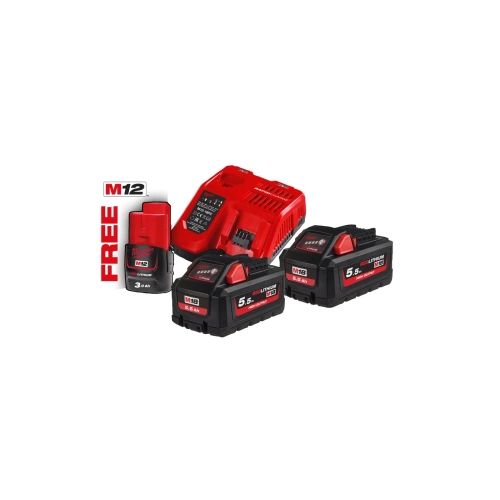 M18 HNRG-552 zestaw 2 akumulatorów M18™ HIGH OUTPUT™ 5,5 Ah + akumulator M12™ 3,0 Ah, ładowarka M12-18 FC Milwaukee