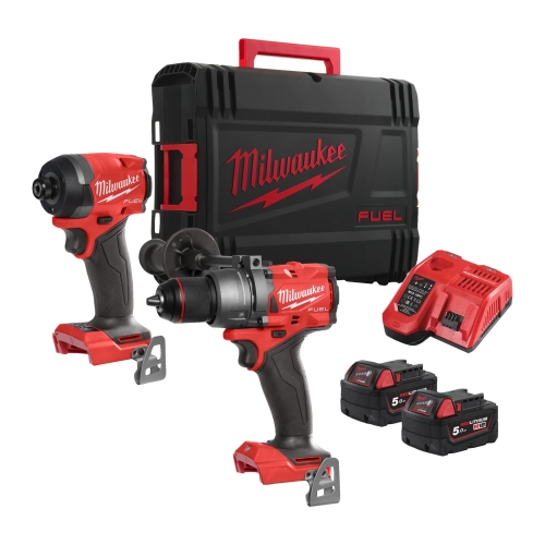 M18 FPP2A3-502X zestaw M18™ FUEL™: wiertarko-wkrętarka z udarem i zakrętarka udarowa ¼″, 2× 5,0 Ah, ładowarka, walizka M