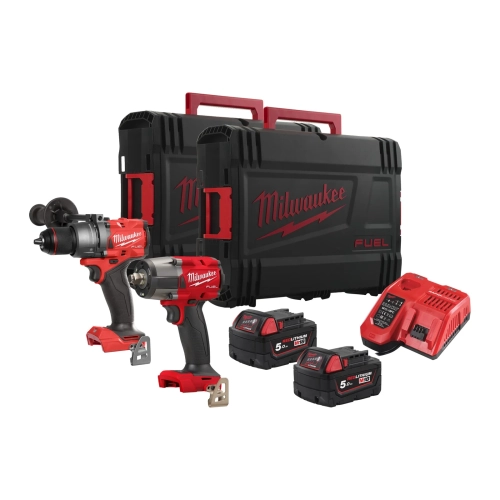 M18 FPP2F3-502X zestaw M18™ FUEL™: wiertarko-wkrętarka z udarem i klucz udarowy ½″ średni moment, 2× 5,0 Ah, ładowarka,