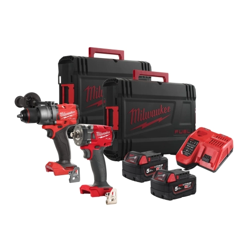 M18 FPP2B3-502X zestaw M18™ FUEL™: wiertarko-wkrętarka z udarem i klucz udarowy ½″, 2× 5,0 Ah, ładowarka, 2 walizki Milw