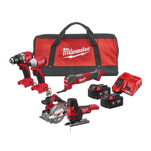 M18 BLCPP5A-502B zestaw M18™ bezszczotkowy: wiertarko-wkrętarka, zakrętarka ¼″, pilarka, multitool i wyrzynarka, 2× 5,0