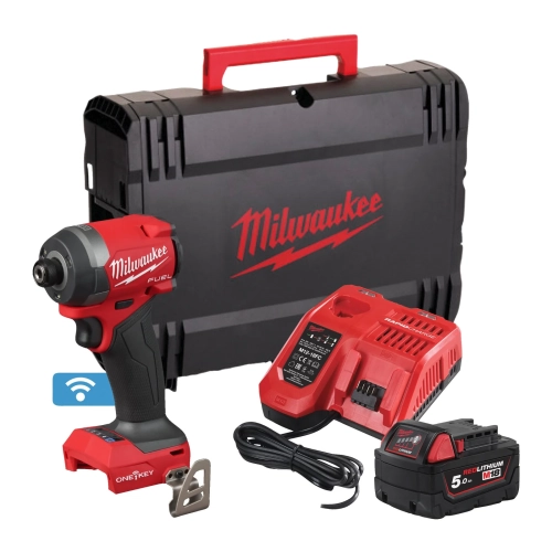 M18 ONEPP2A3-502X zestaw M18™ FUEL™ ONE-KEY™: wiertarko-wkrętarka z udarem i zakrętarka ¼″, 2× 5,0 Ah, ładowarka, walizk