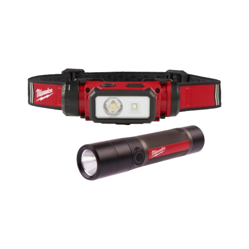 L4 FMHL2LED-302 zestaw oświetleniowy USB: latarka czołowa L4 HL2 i latarka L4 FMLED, akumulatory L4 B3 Milwaukee