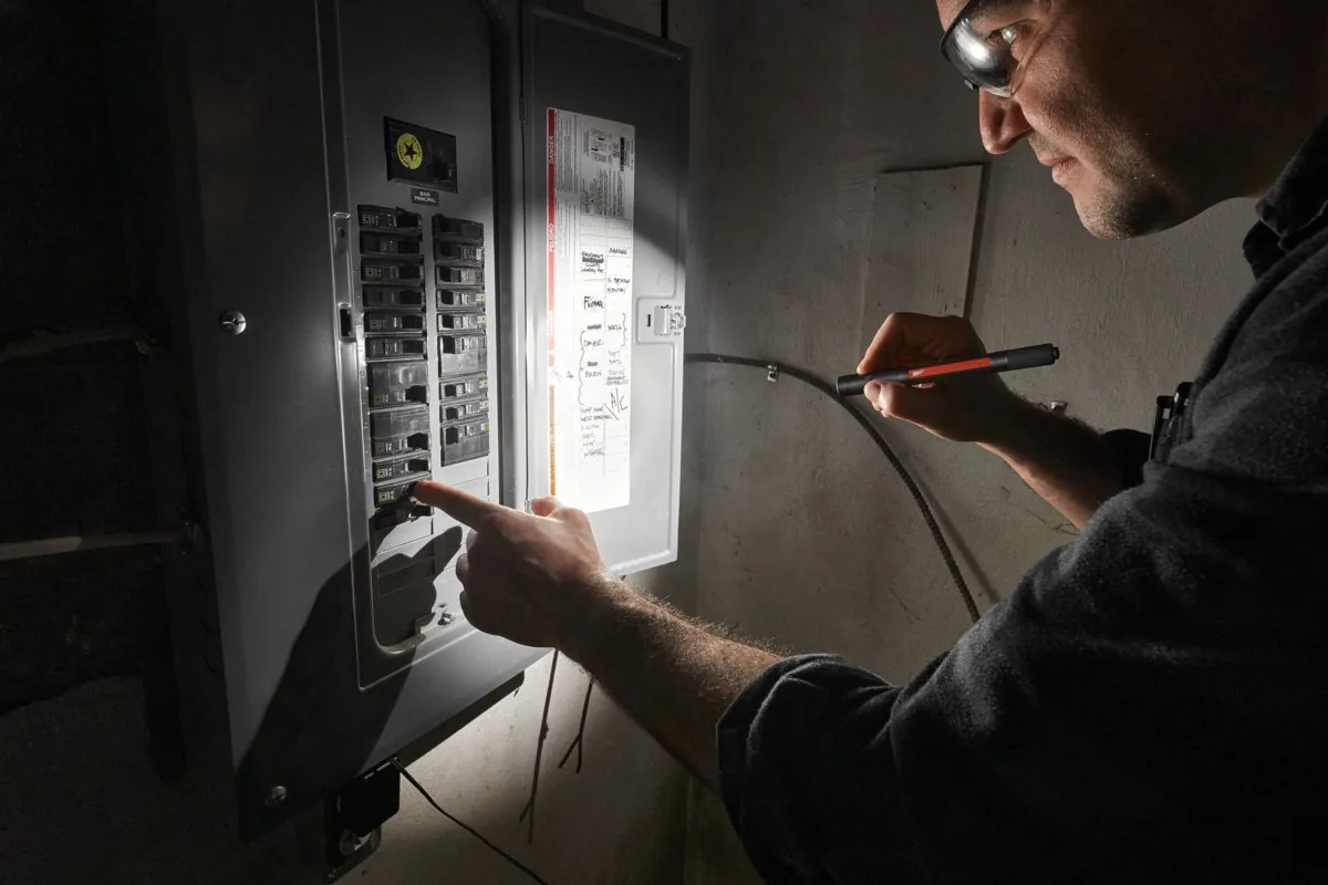 Elektryk sprawdza rozdzielnicę przy świetle latarki IR PL250
