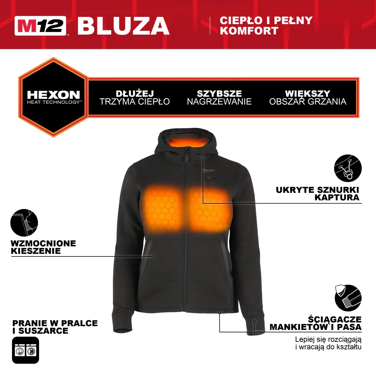 Damska bluza podgrzewana M12 HEXON HHLBL5 – strefy grzania, ukryte sznurki, wzmocnione kieszenie, ściągacze