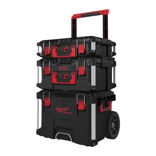 Zestaw skrzyń Milwaukee PACKOUT 1/2/3 – skrzynki narzędziowe w stosie